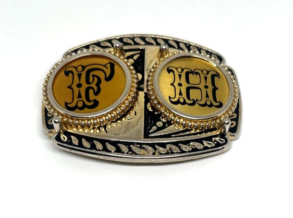 belt buckle gold silver black tones rodeo country western F H initials USA made